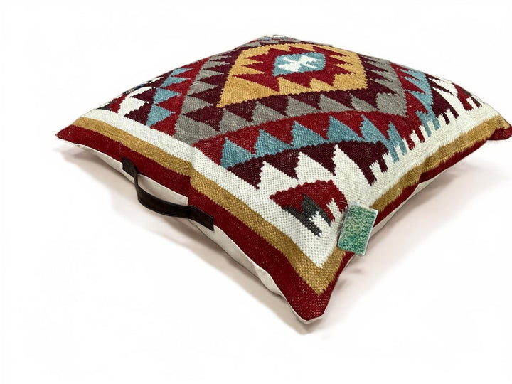 Red Multi Colour Floor Cushion Handloomed Kilim Extra Large Cushion 70x70cm