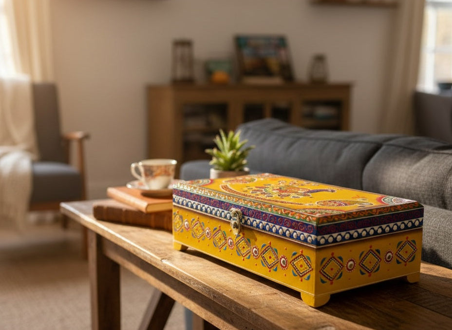 Large Yellow Indian Storage Box In a living room on a table.