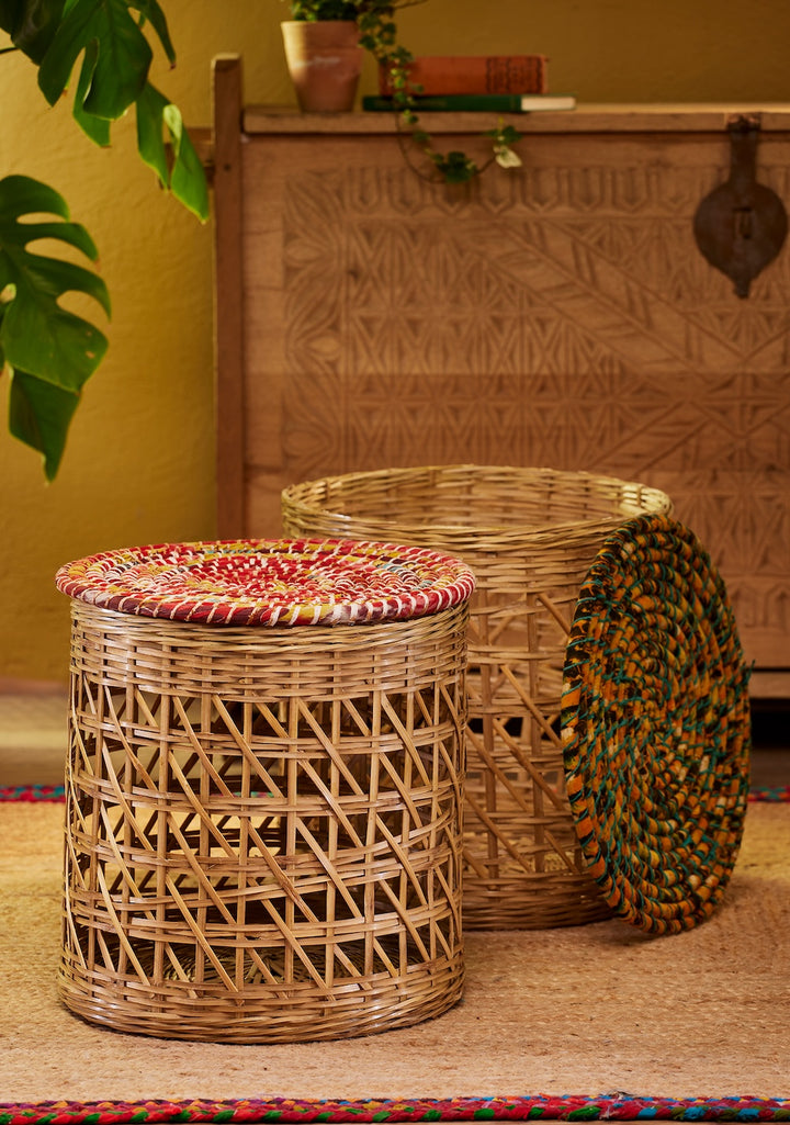 Bamboo Laundry Baskets With Sari and Lids