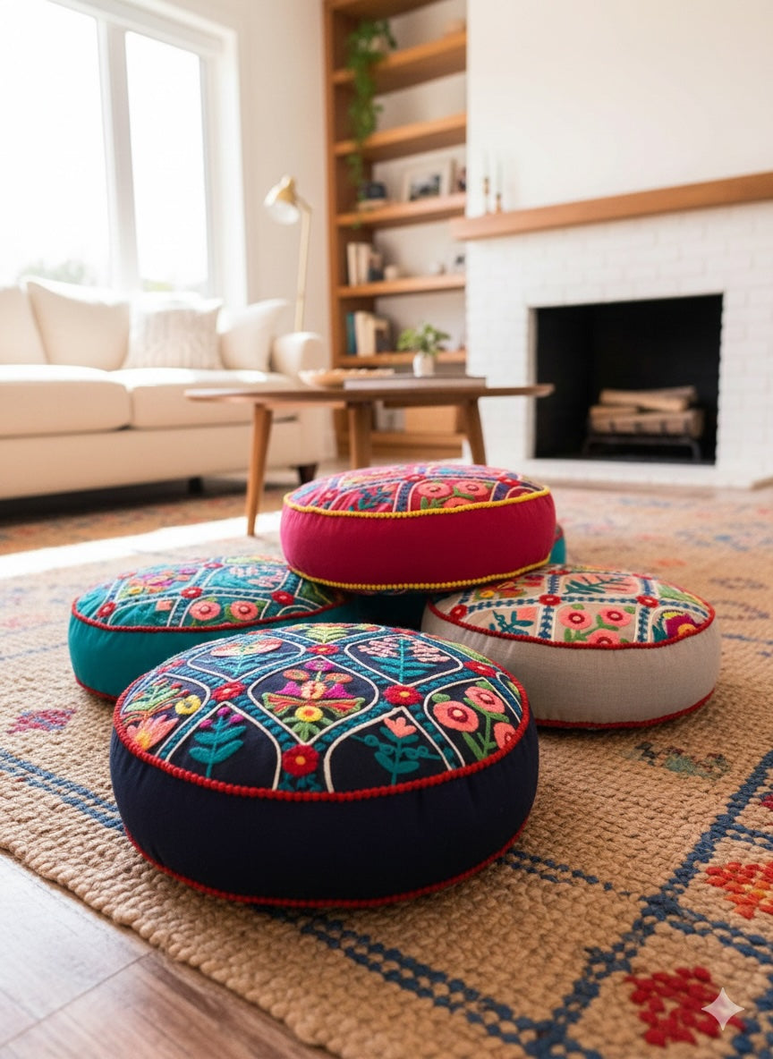 Indian Cotton Embroidered Mini Pouffe Floor Cushion Handwoven – Decorative Yoga & Sofa Cushion (40 x 10 cm) - 4 Colours