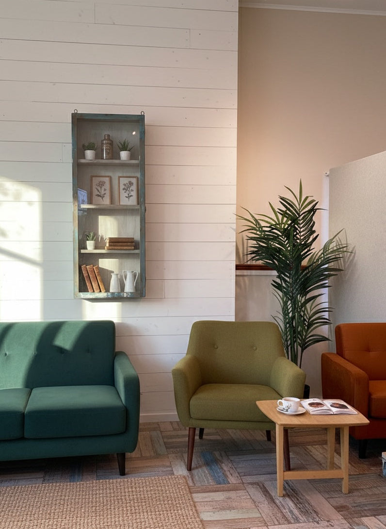 Living room with green sofa, armchair, and coffee table with a plant in the corner. A blue vintage wall unit on the wall.