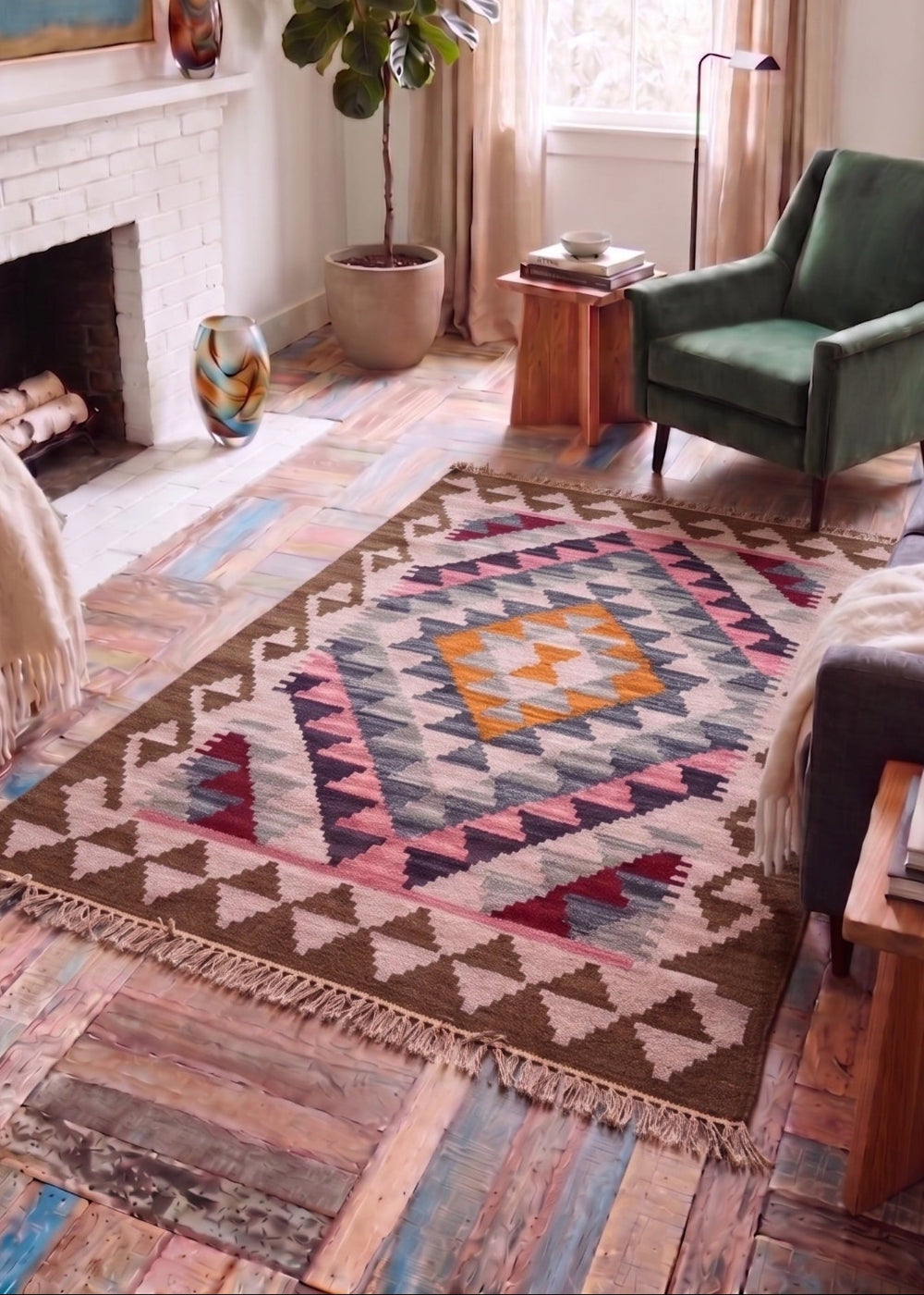 A large Southwestern-style geometric area rug in brown, pink, yellow, and blue is styled in a cosy living room with a green armchair, fireplace, and rustic wood floors.