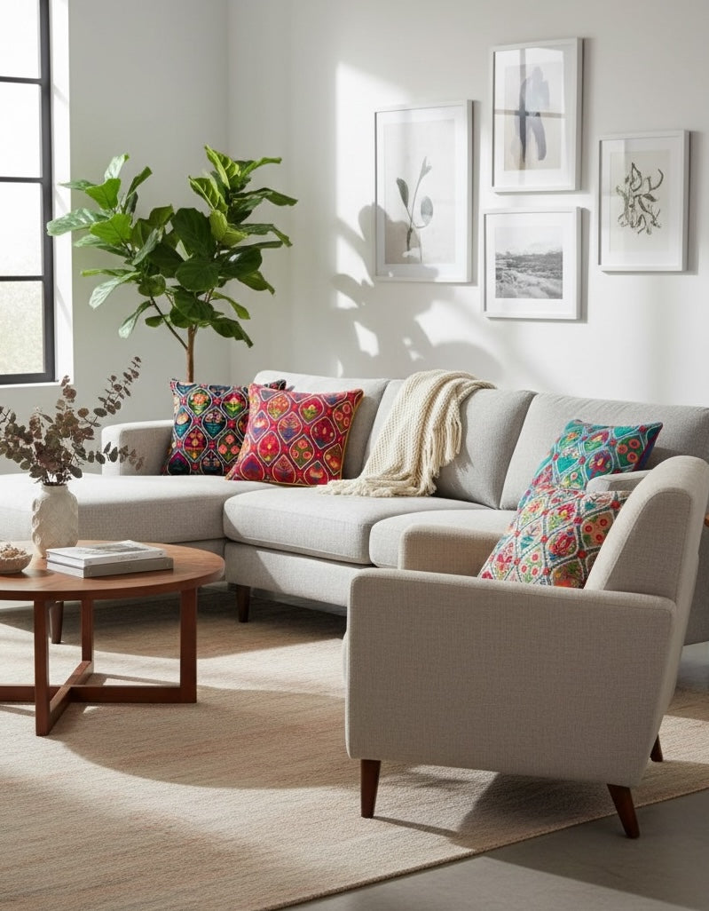 4 Indian Cushions on a natural sofa with pictures on the wall