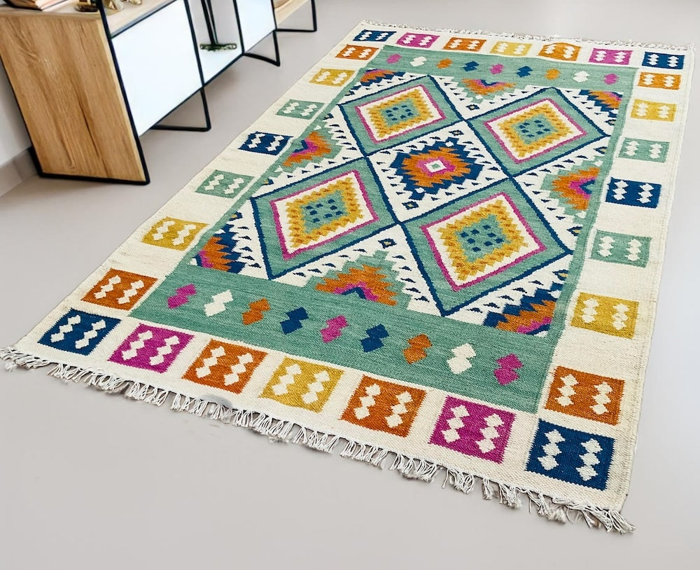 Green Blue Multi Colour Kilim Rug Handwoven Wool and Cotton with Geometric Design