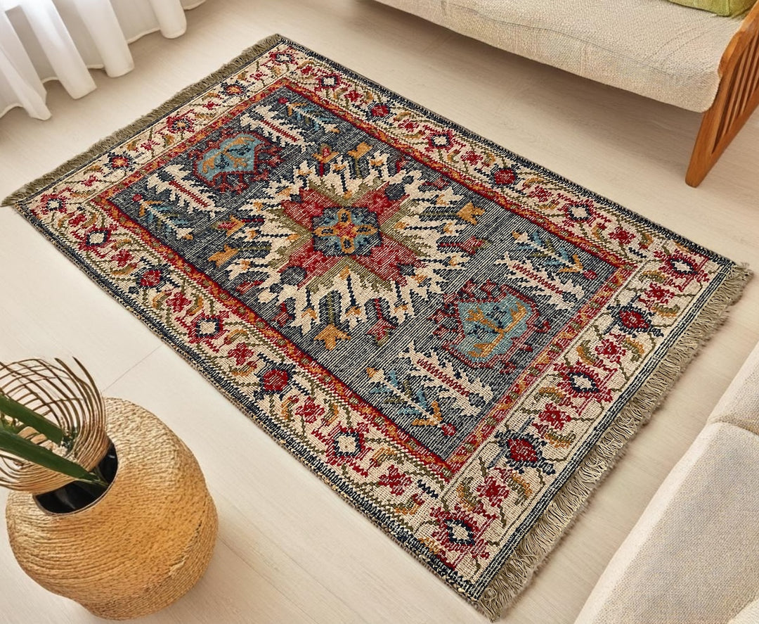 Natural Rug Jute Cotton Geometric Kilim in Multi Colour Red Blue 120 x 190 cm