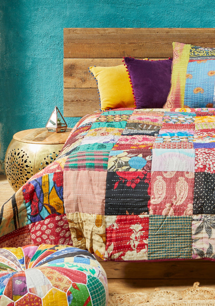 Lifestyle Shot of Indian Kantha Quilt Cushions and Pouffe - Second Nature Online