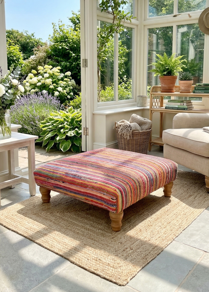 Sunroom with a striped ottoman, armchair, and garden view