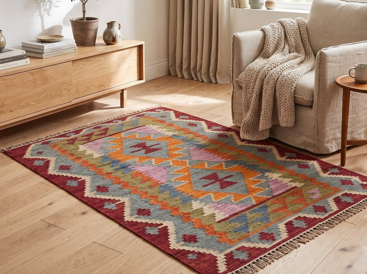 A colourful geometric area rug with fringe, styled in a bright, modern living room next to a beige armchair and a light wood sideboard.