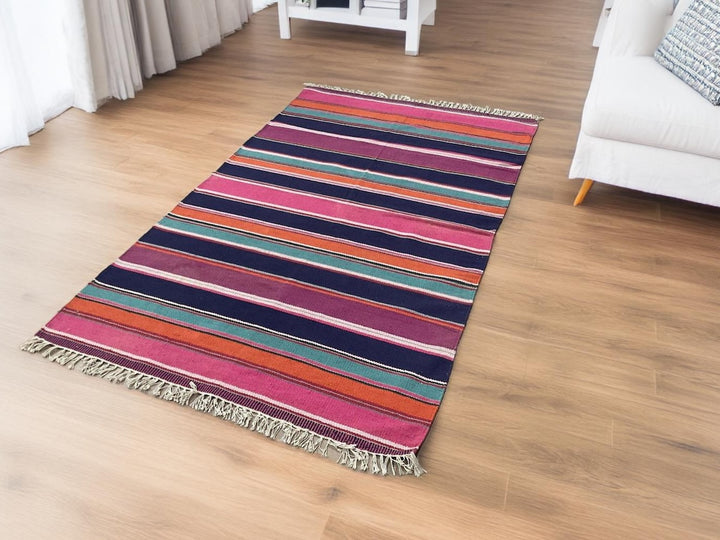 Extra Large Multi Colour Striped Rug Purple Pink and Blues 120 cm x 200 cm