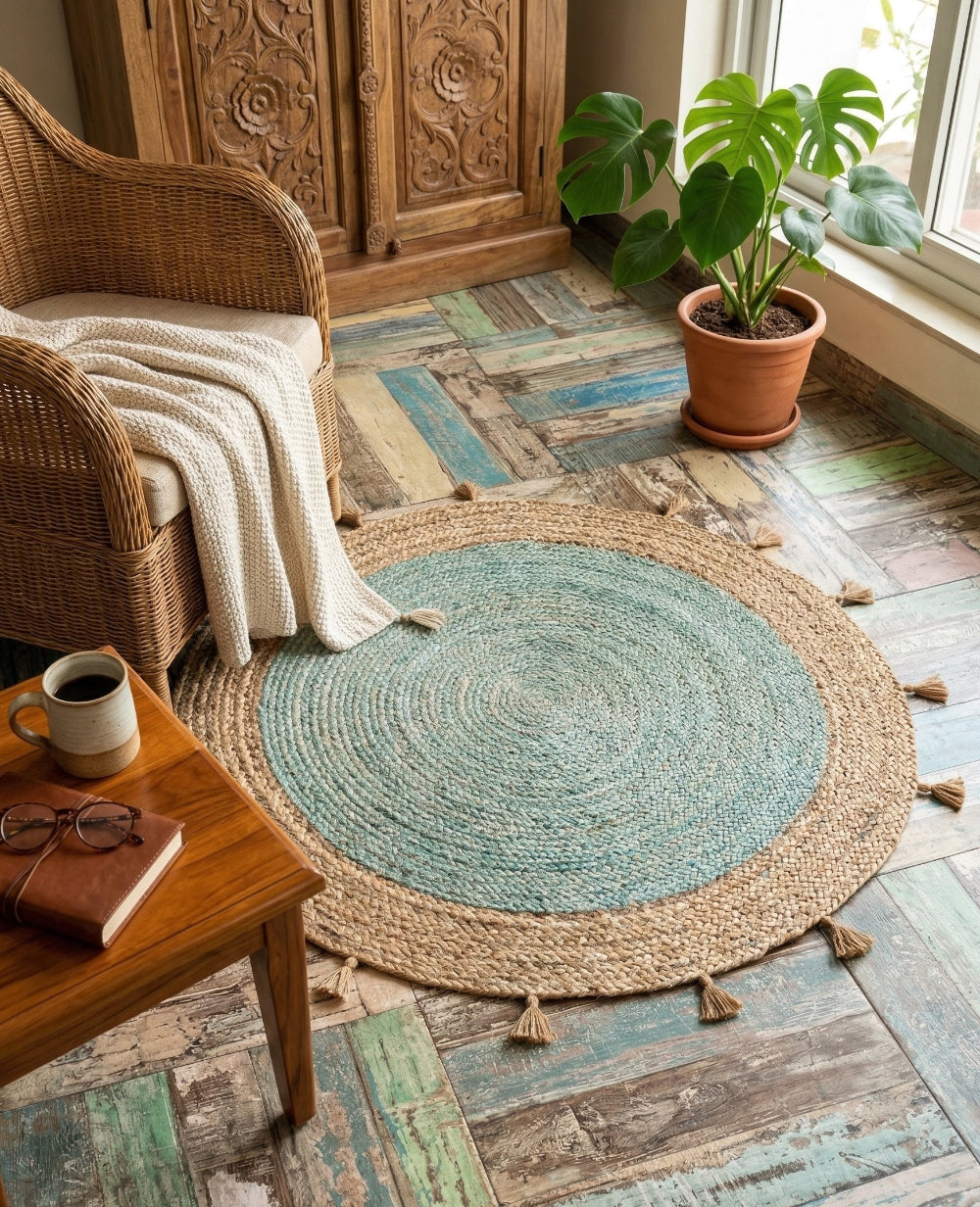 Round braided rug with tassels on a wooden floor with a wicker chair and coffee table.