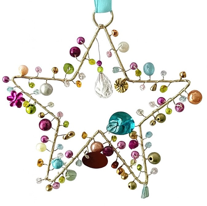 Handmade Beaded Wire Star Decorations – 10cm Hanging Ornaments - 4 Colour Options