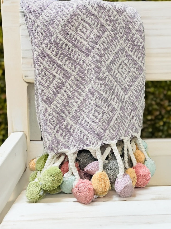 Lilac Pastel Recycled Cotton Throw With Multi Colour Pom Pom