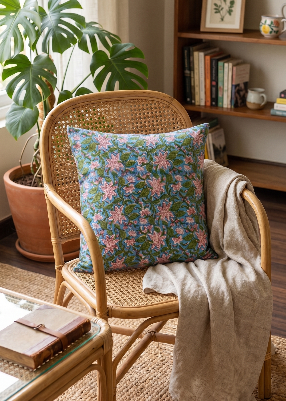 Lilly Flower Cushiion on a cane chair with a blanket