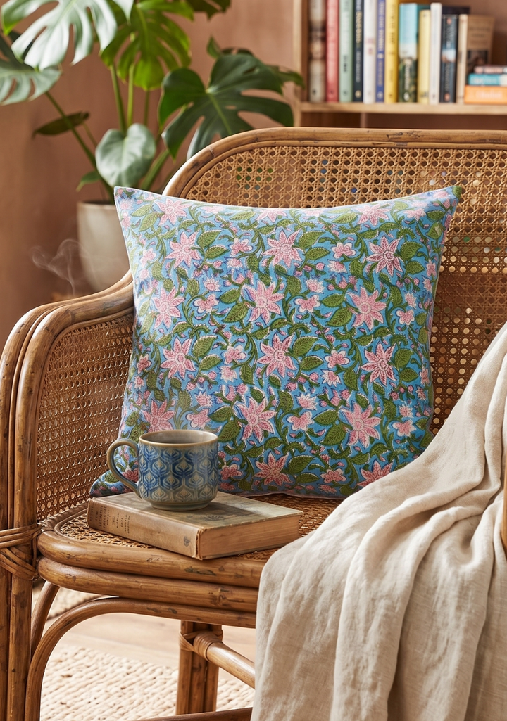 Lily Cushion close up on a chair with a book and mug
