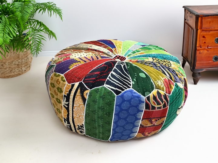 Round Patchwork Pouffe in Vintage Style Multi Colour Kantha