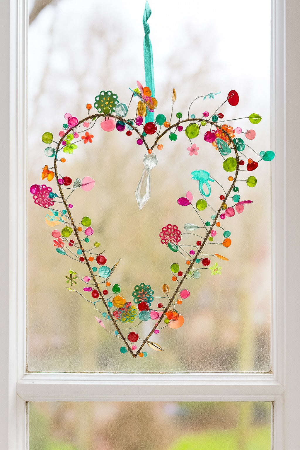 Handmade Beaded Wire Heart Decoration – Multicolour Rainbow Hanging Ornament with Blue Ribbon | Wedding, Valentine & Love Gift (Copy)
