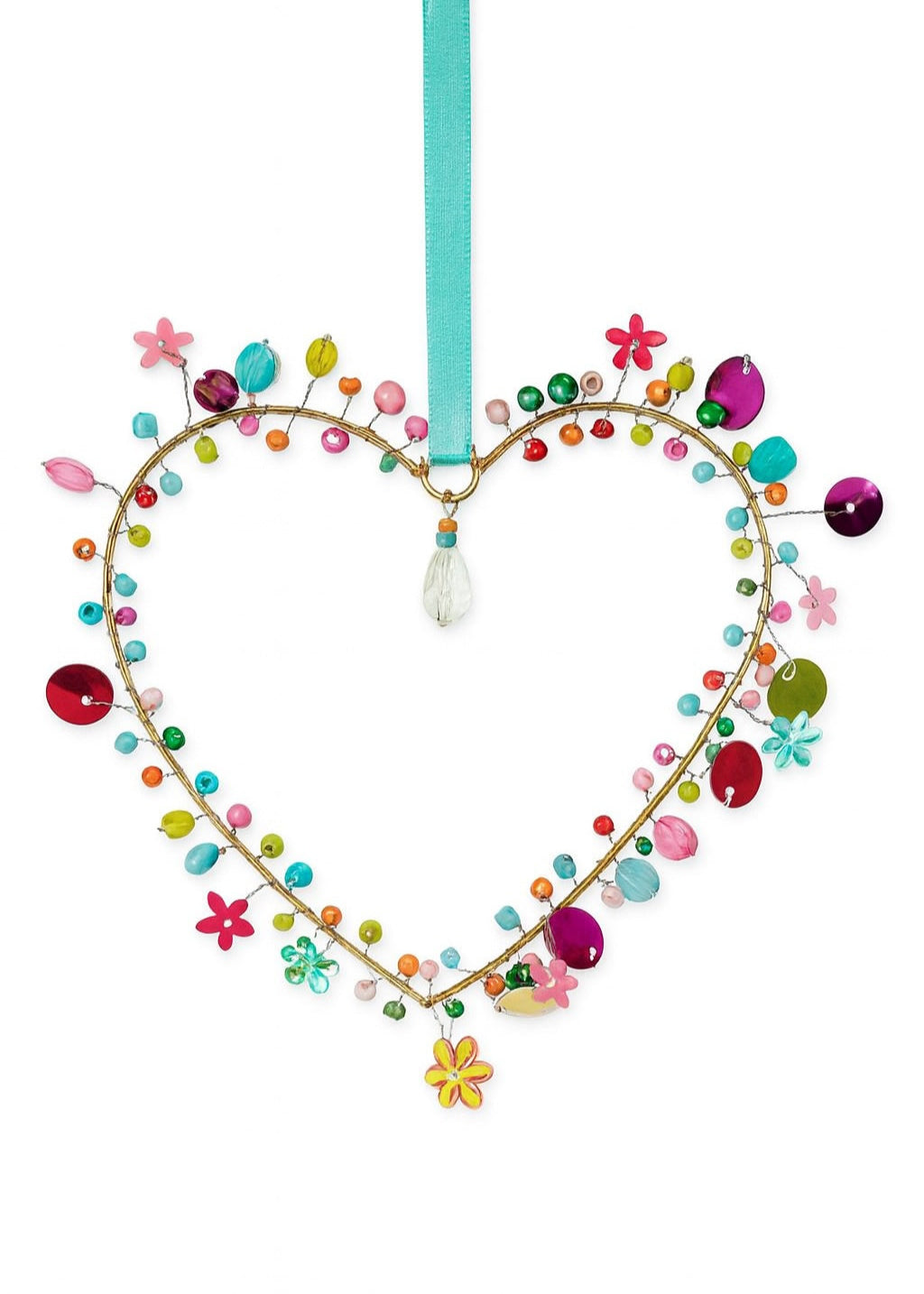 Decorative heart-shaped ornament with colorful beads and flowers on a white background