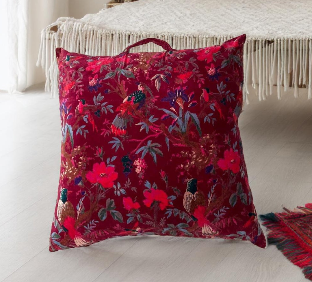 Maroon Red Large Floor Cushion Cotton Velvet Bird Of Paradise Design 75 cm x 75 cm