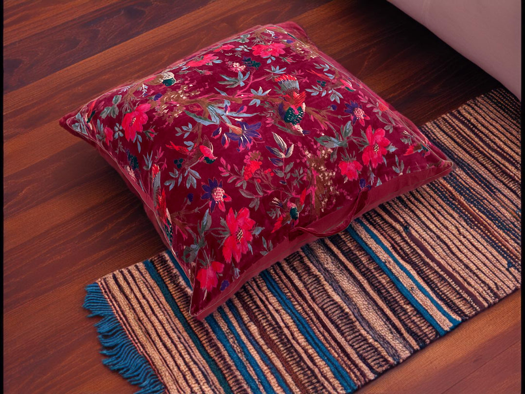 Maroon Red Large Floor Cushion Cotton Velvet Bird Of Paradise Design 75 cm x 75 cm