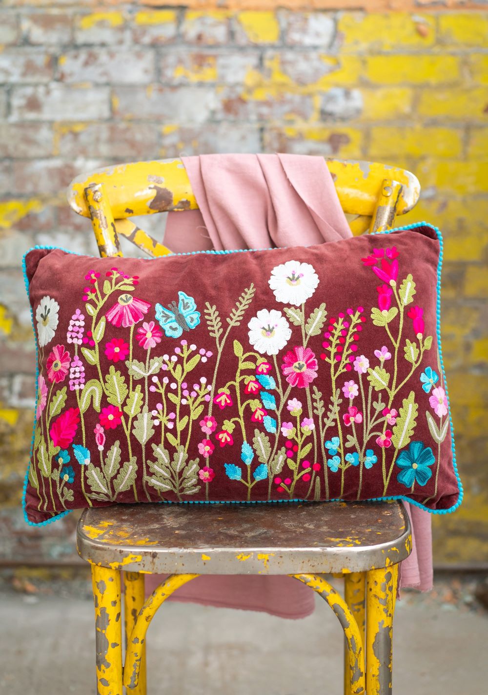 Maroon Floral Velvet Cotton Cushion Cover