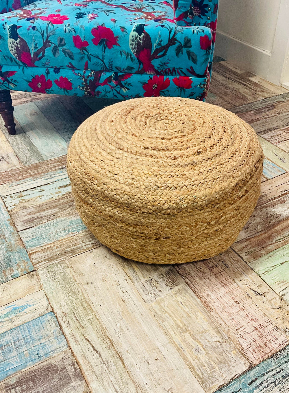 Medium Sized Jute Braided Rustic Pouffe - Second Nature Online