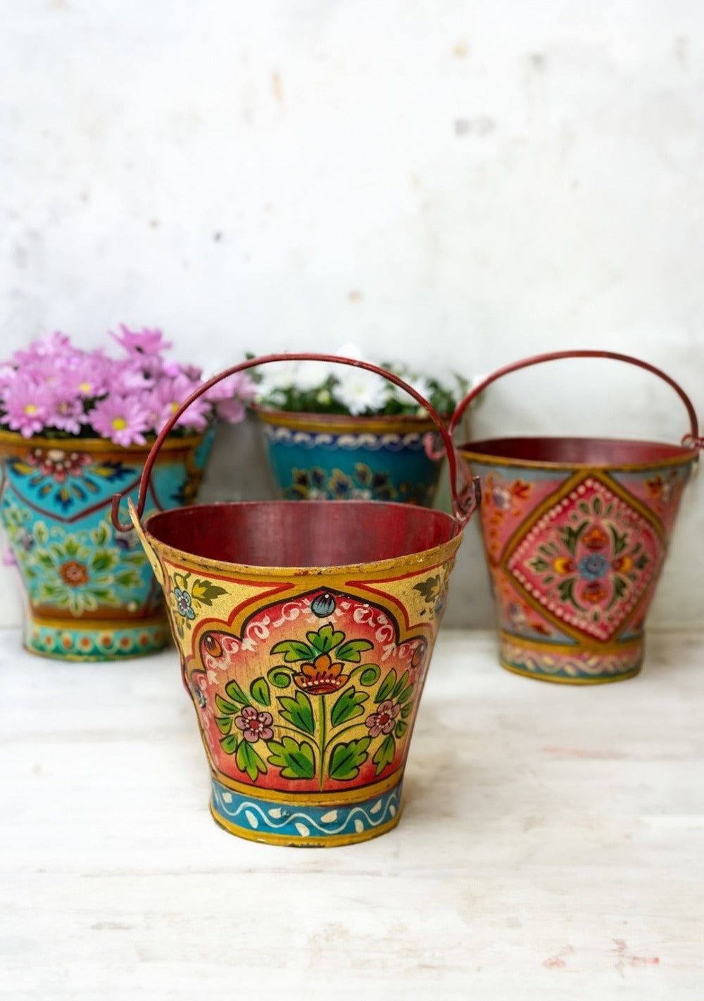 Vintage Iron Hand Painted Pink Ethical Floral Design Bucket