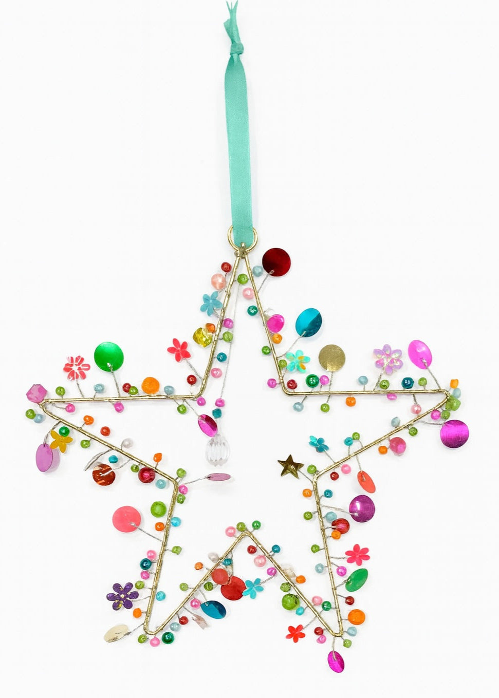 Colourful star-shaped hanging with beads on a white background