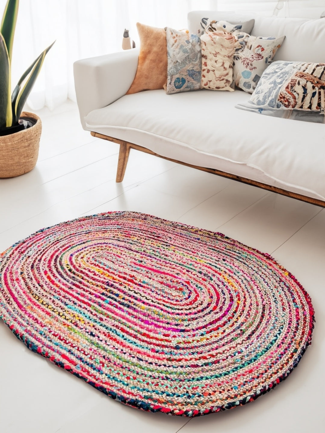 MISHRAN Oval Rug Jute Hand Woven with Recycled Fabric