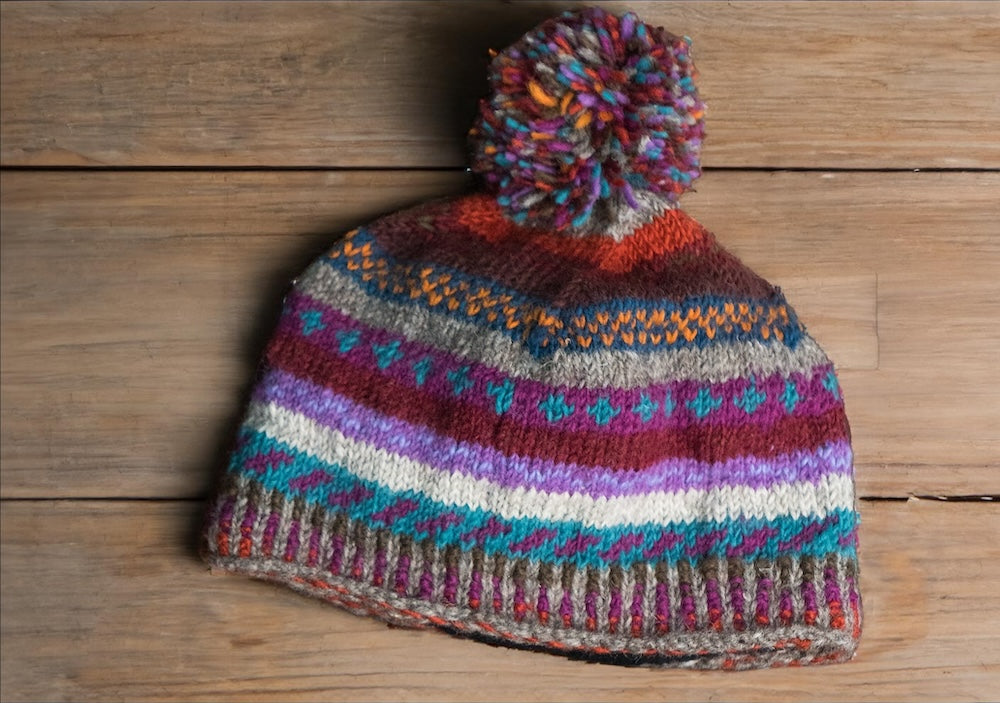 New Zealand Wool Beanie Hat With Pom Pom Mulberry Multi Colours Striped Pattern