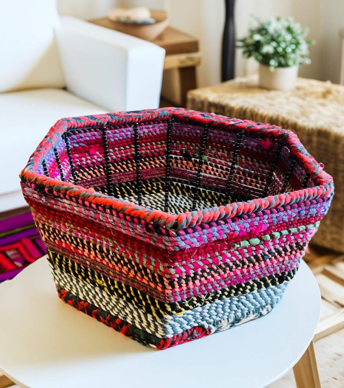 Multi Colour Rainbow Hexagonal Basket Iron Framework Recycled Fabric Storage Basket