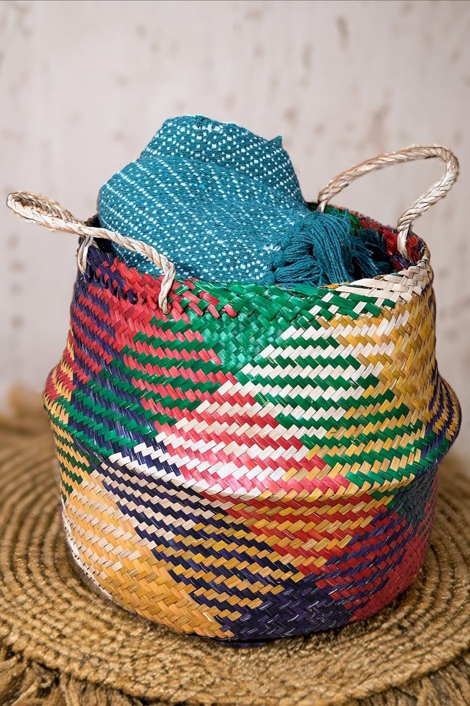 Rainbow Check Seagrass Basket