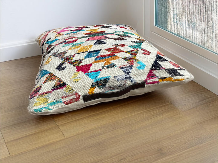 Large Kilim Floor Cushion Cream Rainbow Geometric Design 70 x 70 cm