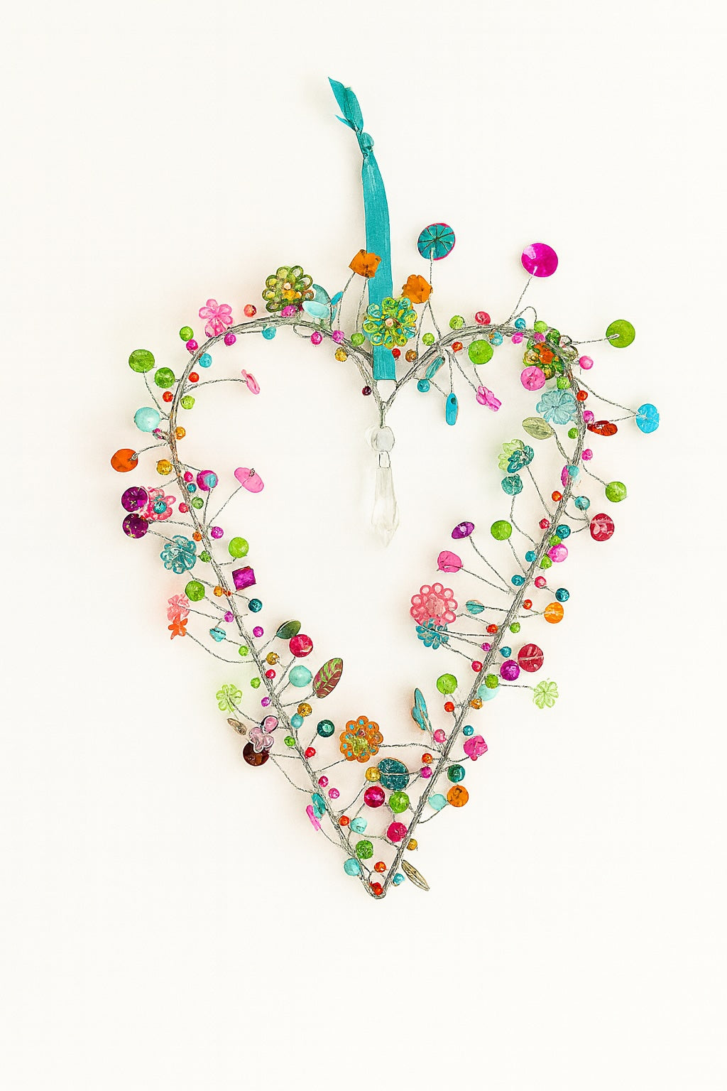 Handmade Beaded Wire Heart Decoration – Multicolour Rainbow Hanging Ornament with Blue Ribbon | Wedding, Valentine & Love Gift (Copy)