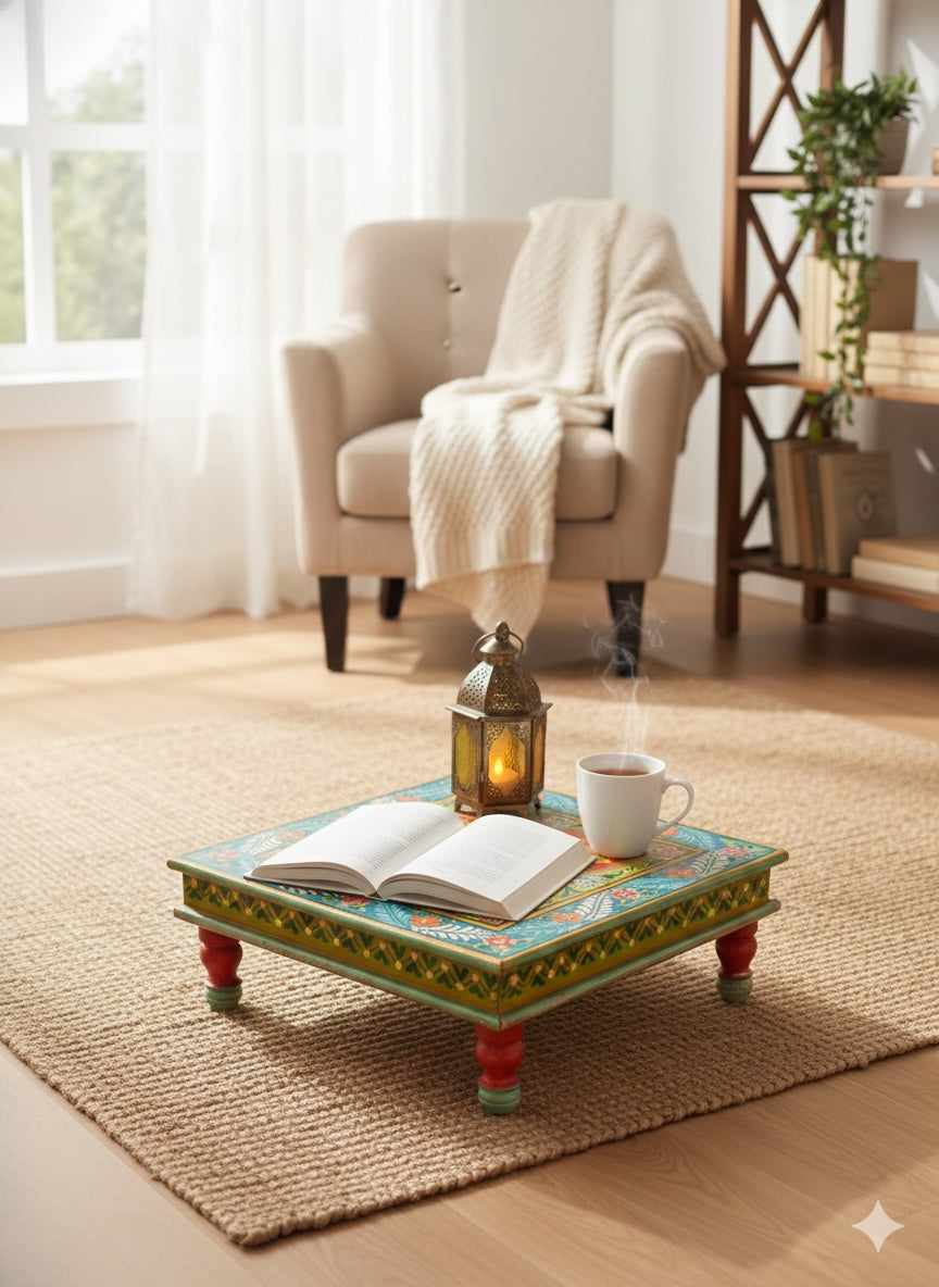 Decorative table with a book, candle, and cup in a cosy living room.