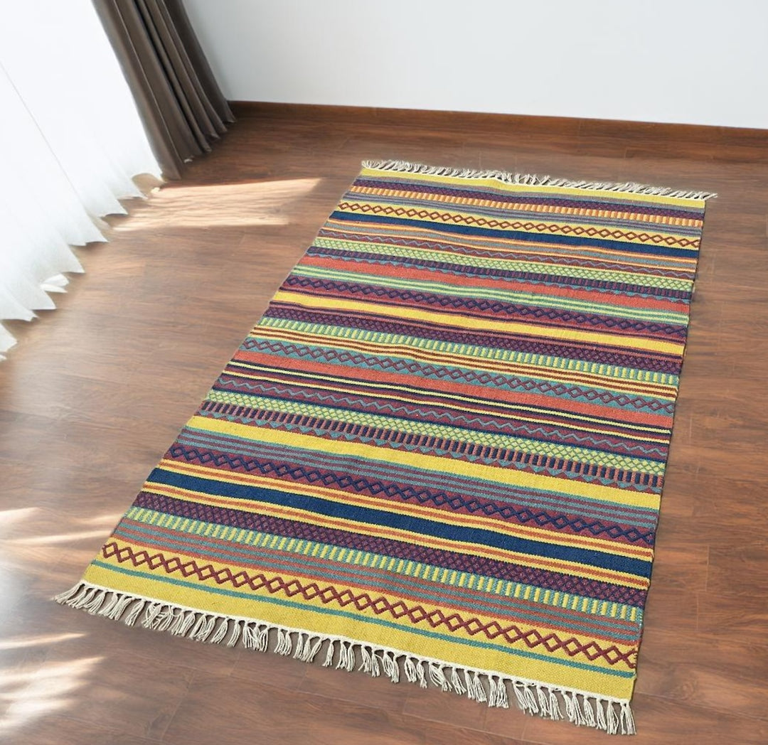 Multi Colour Kilim PET Outdoor Indoor Striped Rug 120 cm x 180 cm