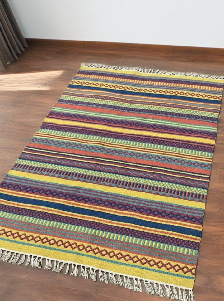 Multi Colour Kilim PET Outdoor Indoor Striped Rug 120 cm x 180 cm