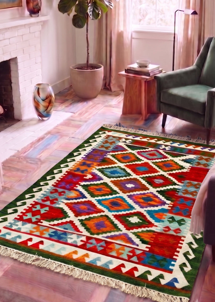 A colourful geometric area rug with fringe, displayed on a rustic wood floor in a cosy living room setting with a fireplace, green armchair, and potted plant.