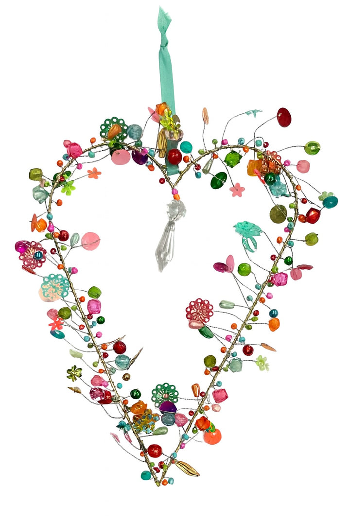 Handmade Beaded Wire Heart Decoration – Multicolour Rainbow Hanging Ornament with Blue Ribbon | Wedding, Valentine & Love Gift (Copy)