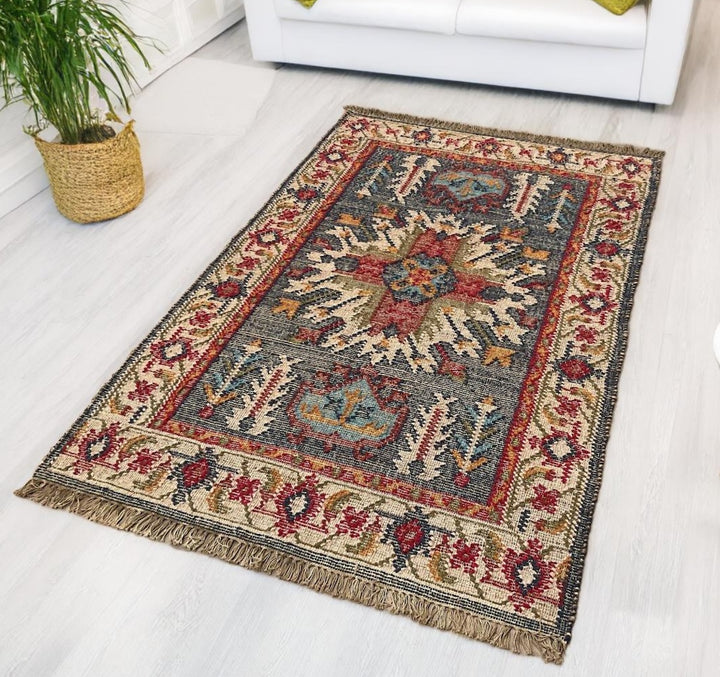 Natural Rug Jute Cotton Geometric Kilim in Multi Colour Red Blue 120 x 190 cm