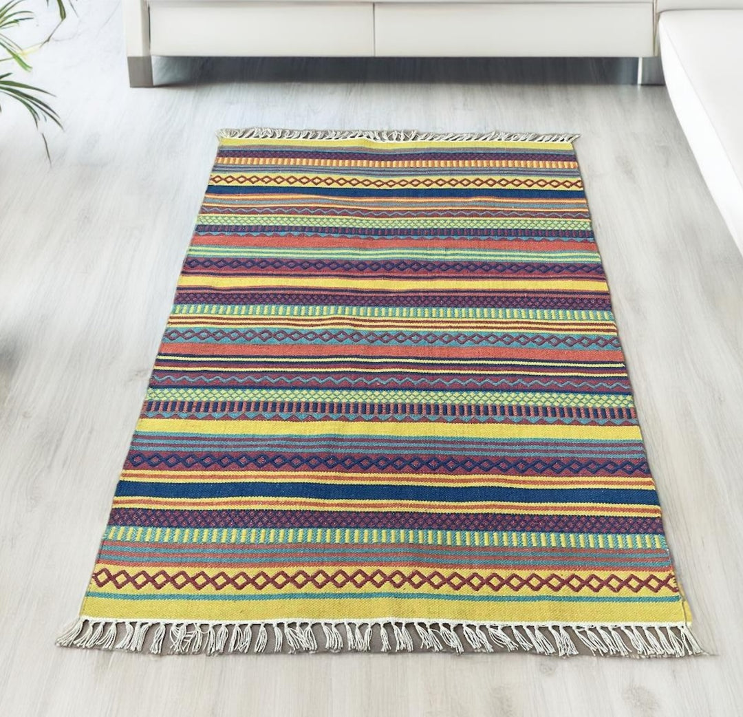 Multi Colour Kilim PET Outdoor Indoor Striped Rug 120 cm x 180 cm