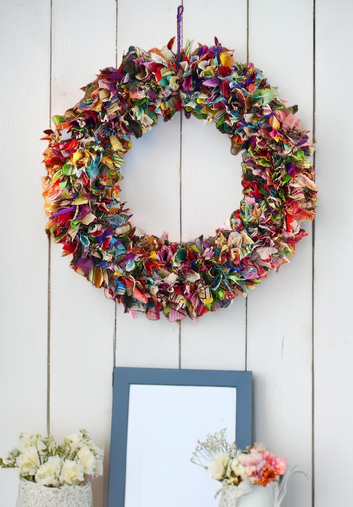 Large Multi Colour Rainbow Sari Wreath 45 cm x 8 cm