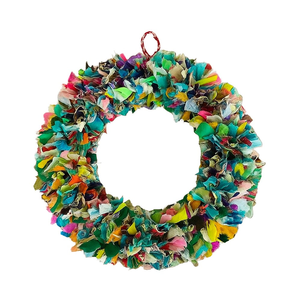 Green Multi Colour Sari Wreath In a hite Background