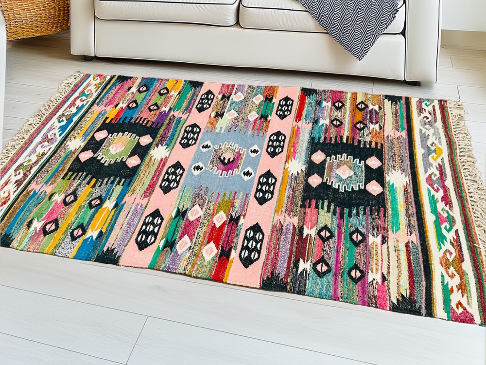 Multi Colour Geometric Dhurrie Rug - Second Nature Online