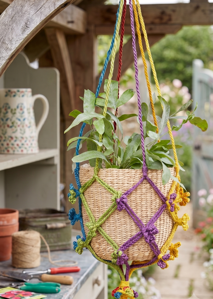 Multi Colour Macrame Plant Holder in Garden and sideboard.