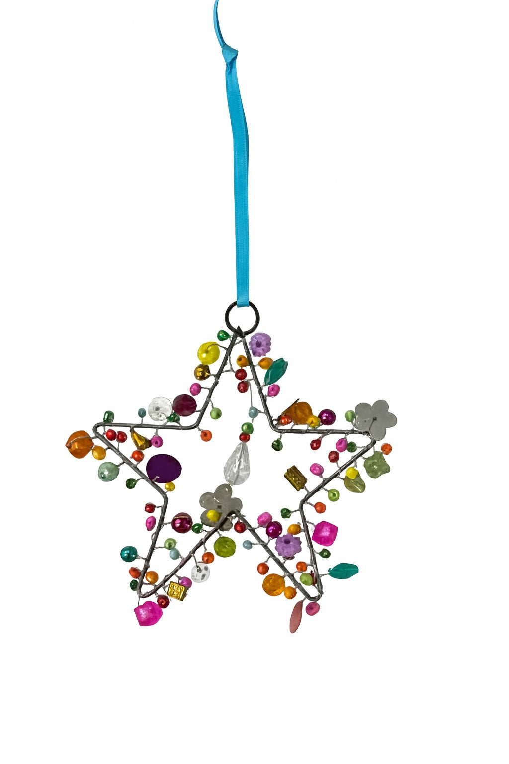 Decorative star ornament with colourful beads and a blue ribbon on a white background