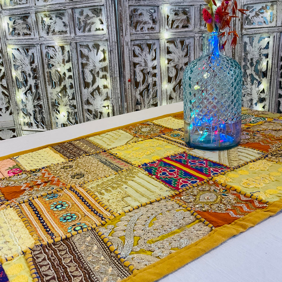 Long Table Runner Indian Mustard Yellow Multi Colour Cotton Recycled Patchwork Embroidered Wall Hanging 50 cm x 300 cm