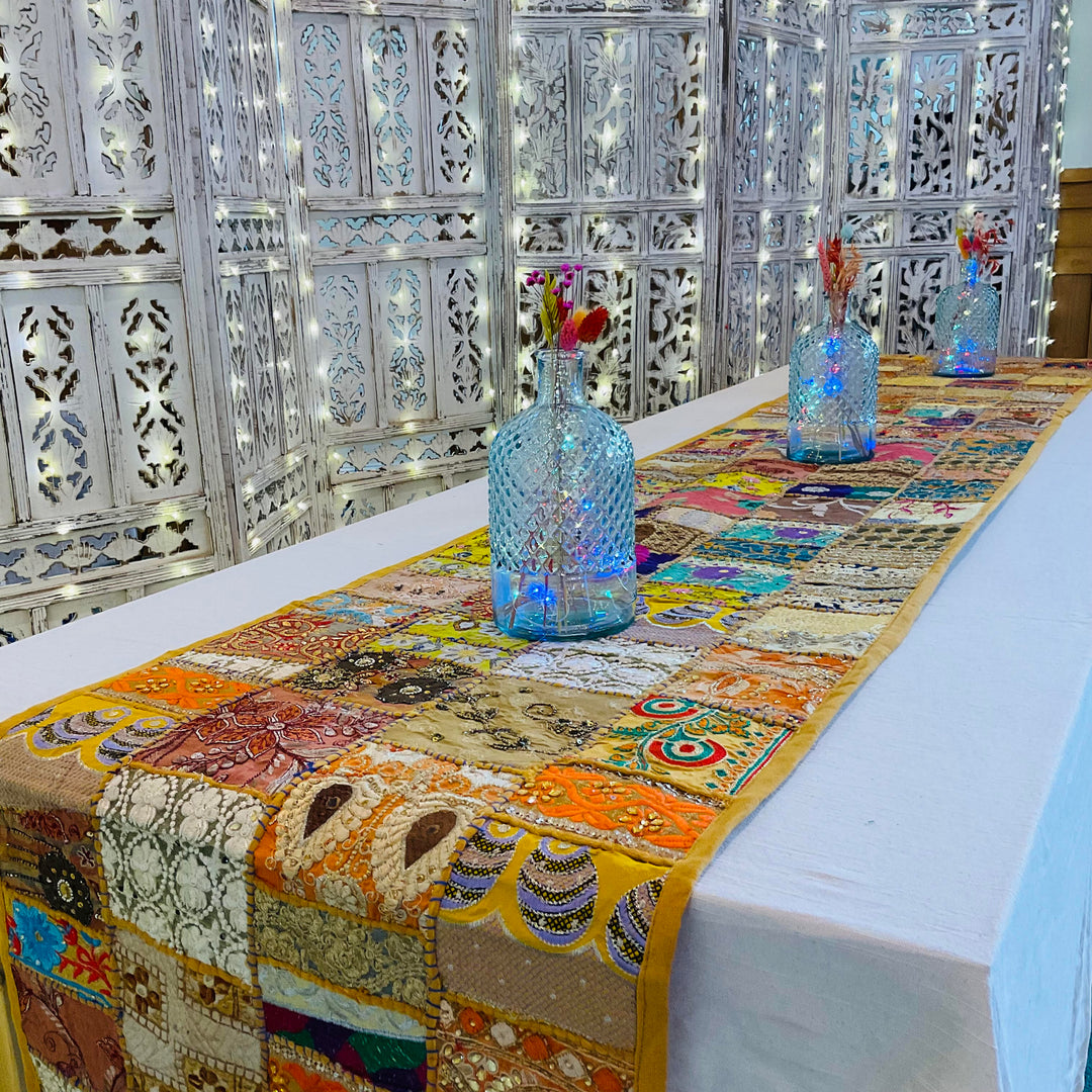 Long Table Runner Indian Mustard Yellow Multi Colour Cotton Recycled Patchwork Embroidered Wall Hanging 50 cm x 300 cm