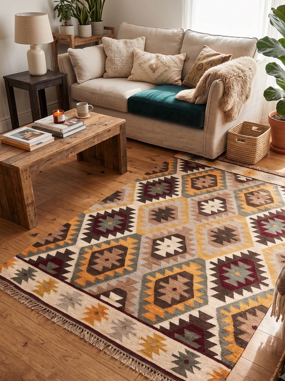 A large rectangular area rug with a Southwestern geometric pattern in rust, mustard, teal, burgundy, cream, and brown tones, styled in a bright, modern living room with a wooden coffee table, beige sofa, and potted plants.