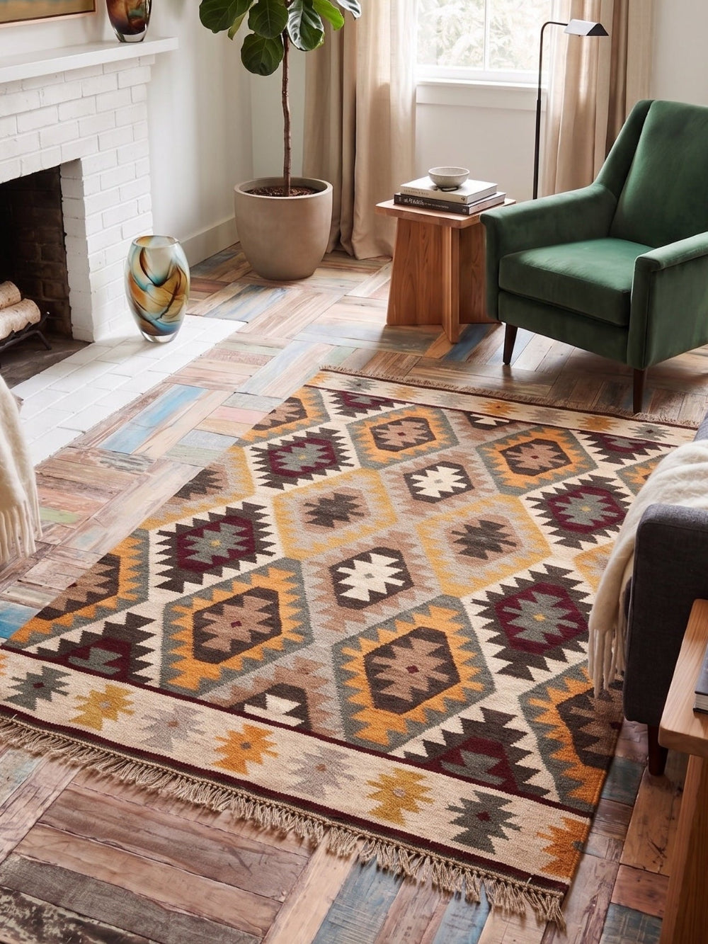 Mysuru Geometric Kilim in a living room with a green chair and plant