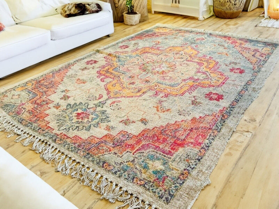Natural Cotton Digital Print Rug Ethnic Design Yellow Red Blue 120 cm ...